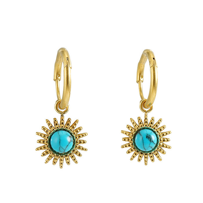 Retro Fashion Printing Stainless Steel  Gold Plated Turquoise Earrings 1 Pair