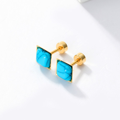 1 paire de clous d'oreilles plaqués or 18 carats, incrustation carrée en acier inoxydable, Turquoise