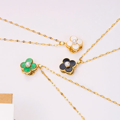 Japanese And Korean Versatile New Rotatable Clover Short Pearl Necklace Necklace Fashion Minority Design Stainless Steel Clavicle Chain