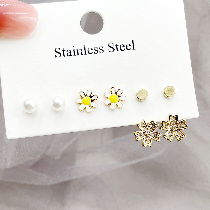 1 Set Cute French Style Sweet Flower Enamel Plating Inlay Stainless Steel  Artificial Pearls Zircon Gold Plated Ear Studs