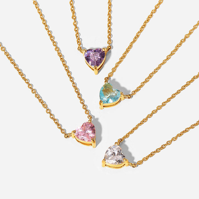 Mode nouveau collier pendentif en Zircon en forme de coeur en acier inoxydable plaqué or 18 carats