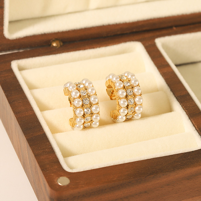1 paire de clous d'oreilles plaqués or 18 carats, Style Vintage, incrustation de couleur unie, strass artificiels en acier inoxydable, perles