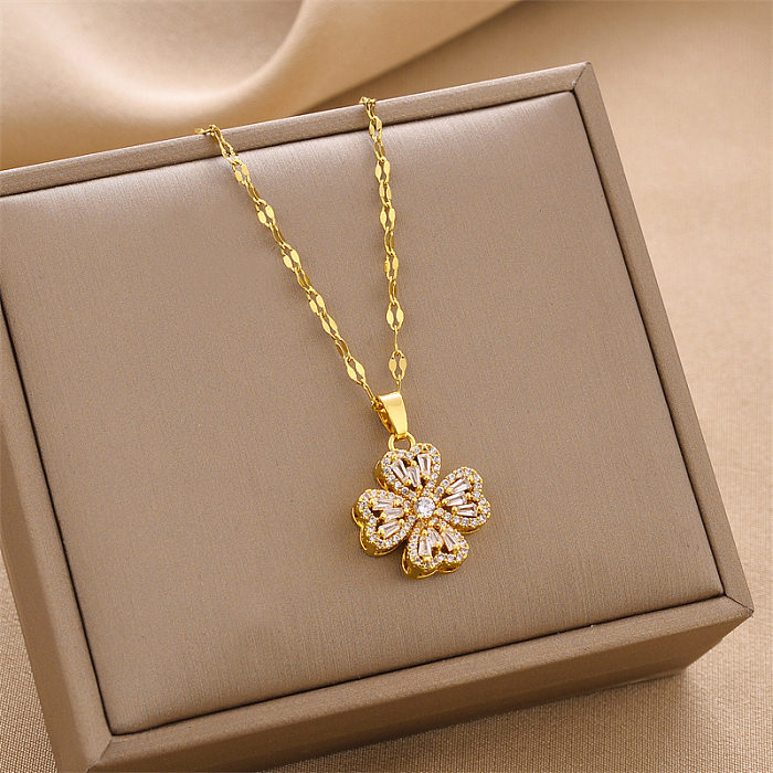Retro Four Leaf Clover Stainless Steel Inlay Rhinestones Necklace