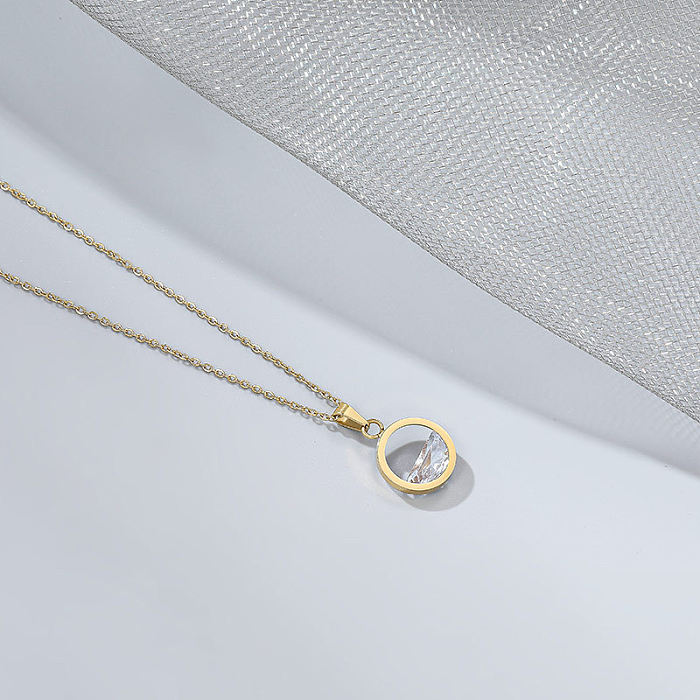 Simple Style Round Stainless Steel Inlay Rhinestones Pendant Necklace