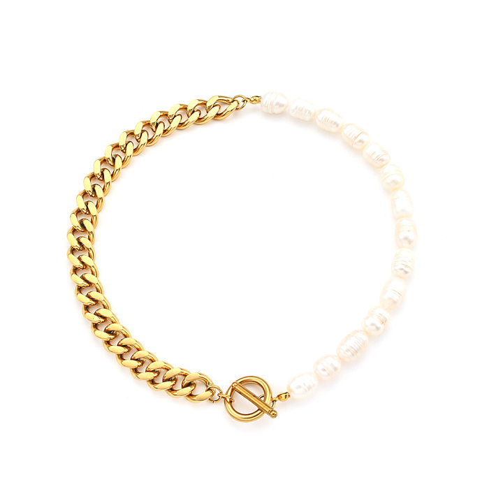 Fashion Pearl Chain Stitching Thick Choker Stainless Steel  Necklace