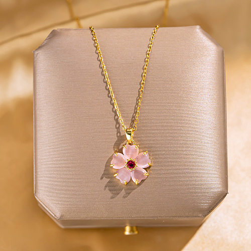 Colar elegante com pingente de opala em aço inoxidável com flor feminina