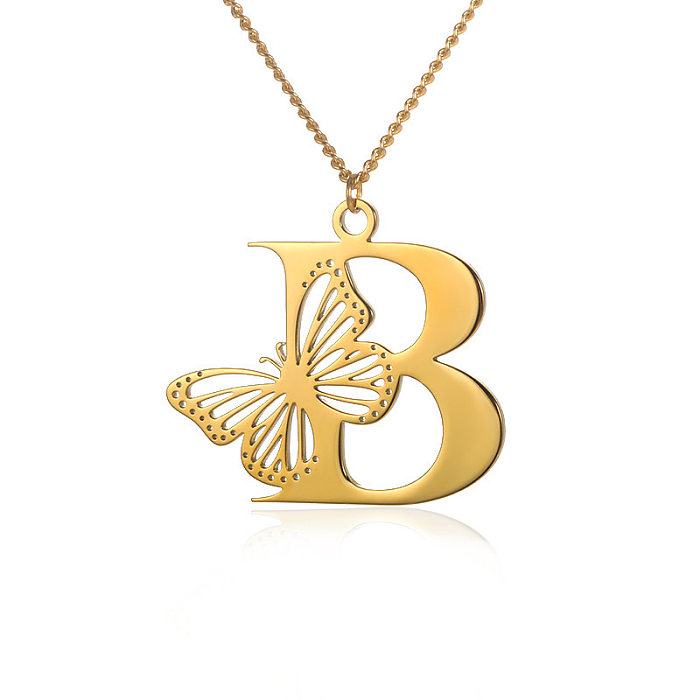 Collar con colgante chapado en oro de 18 quilates, estilo informal, sencillo, con letras y mariposas, chapado en acero inoxidable