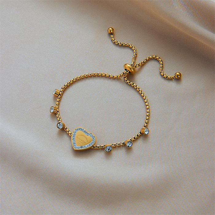 Casual Vintage Style Letter Heart Shape Stainless Steel Plating Inlay Rhinestones 18K Gold Plated Bracelets