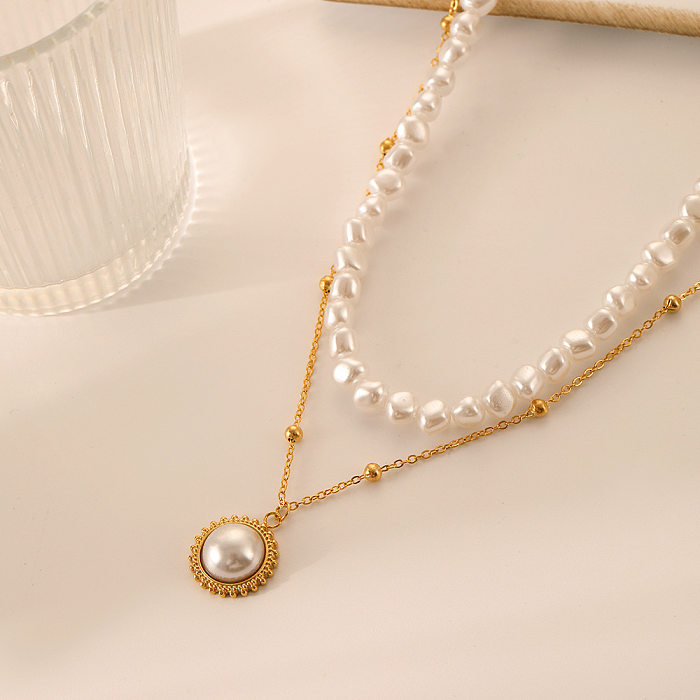 Collares en capas de perlas artificiales redondas elegantes con revestimiento de acero inoxidable