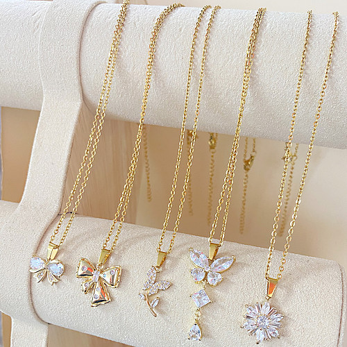 Elegant Luxurious Butterfly Stainless Steel  Inlay Rhinestones Zircon Gold Plated Pendant Necklace