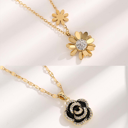 Elegante glam flor pétala resina chapeamento de aço inoxidável inlay zircão banhado a ouro pingente colar