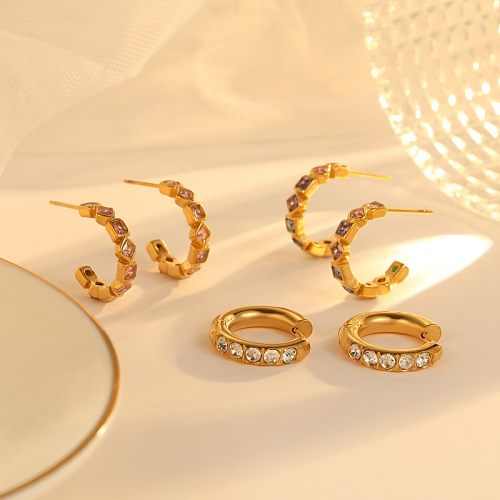 1 Pair Vintage Style C Shape Polishing Plating Inlay Stainless Steel  Zircon Gold Plated Ear Studs