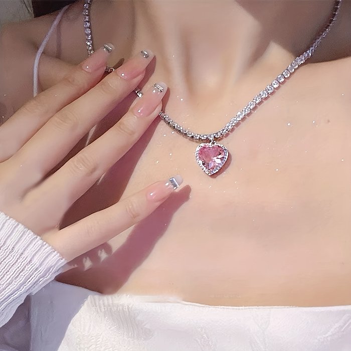 Y2K Shiny Heart Shape Stainless Steel  Plating Inlay Rhinestones Zircon Silver Plated Pendant Necklace