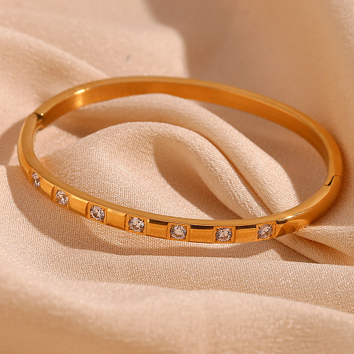 Basic Simple Style Classic Style Solid Color Stainless Steel Plating Inlay Rhinestones 18K Gold Plated Bangle
