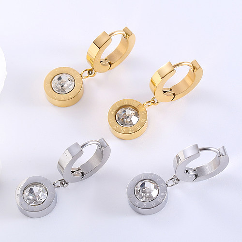 1 paire de boucles d'oreilles pendantes de Style classique et romain, incrustation ronde en acier inoxydable et Zircon plaqué or 18 carats