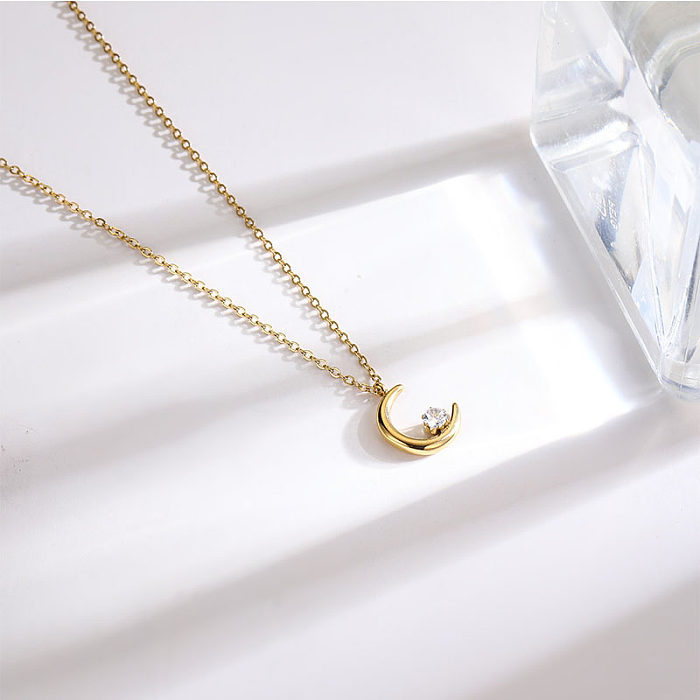 Simple Style Moon Stainless Steel Plating Inlay Artificial Gemstones 18K Gold Plated Necklace