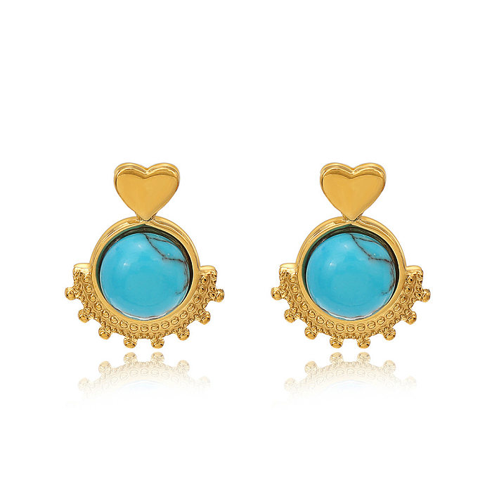 Ethnic Style Heart Shape Stainless Steel  Inlay Turquoise Drop Earrings 1 Pair