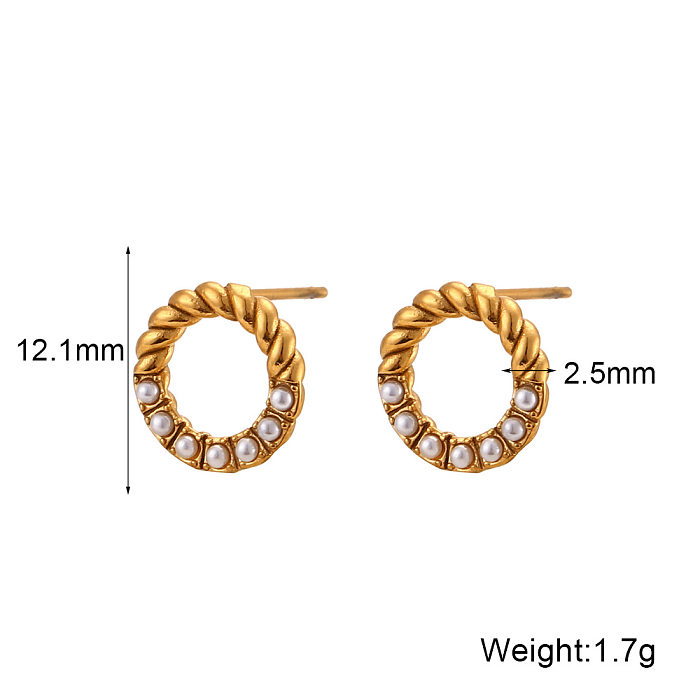 Fashion Round Stainless Steel  Plating Artificial Pearls Zircon Ear Studs 1 Pair
