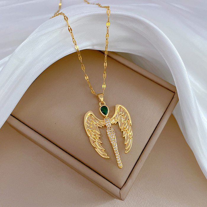Collier pendentif ailes artistiques douces, en acier inoxydable et cuivre, pierres précieuses artificielles, en vrac