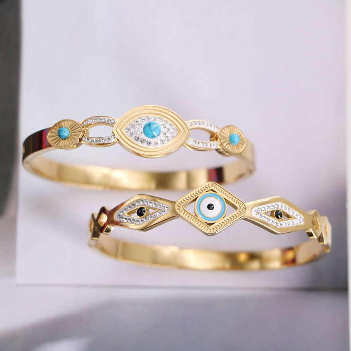 Casual Simple Style Devil'S Eye Titanium Steel Plating Hollow Out Inlay Turquoise Zircon Bangle