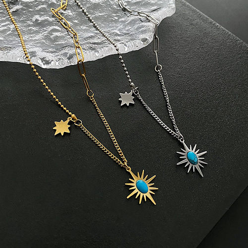 Retro Hexagram Stainless Steel Plating Inlay Turquoise Pendant Necklace 1 Piece