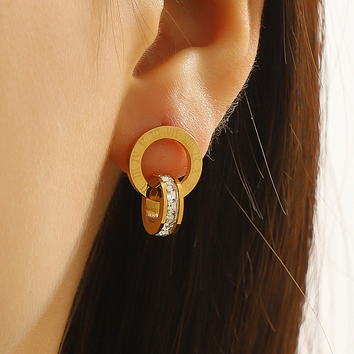 1 paire de clous d'oreilles plaqués or 18 carats, Style Simple, numéro de cercle, incrustation de strass en acier inoxydable