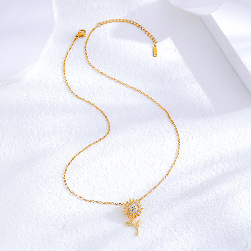 Wholesale Romantic Solid Color Stainless Steel 24K Gold Plated Zircon Pendant Necklace