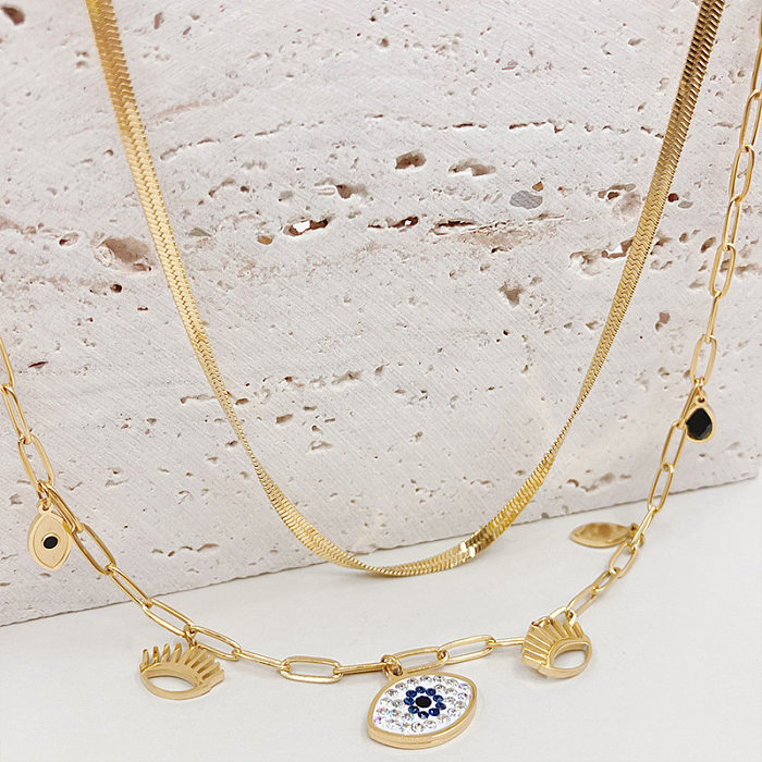 Modische Teufelsauge-Halsketten aus Edelstahl mit Edelstahlüberzug, ausgehöhltes Inlay, geschichtete Zirkon-Halsketten, 1 Stück