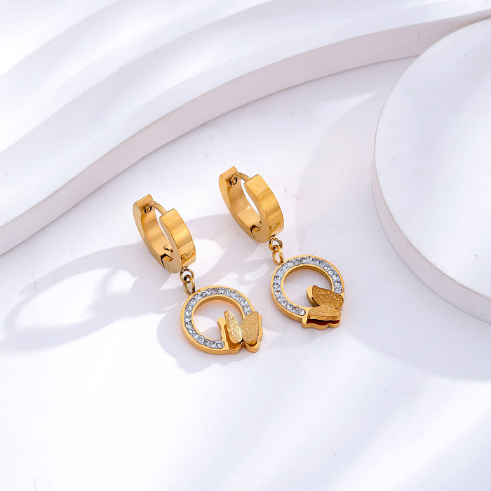 1 par estilo clássico redondo formato de coração borboleta chapeamento de aço inoxidável strass embutidos brincos banhados a ouro 24K