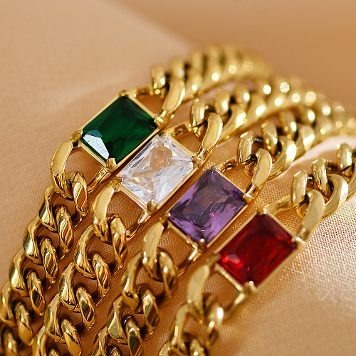 Elegante luxuoso estilo simples retângulo aço inoxidável pulseiras de zircão banhado a ouro a granel