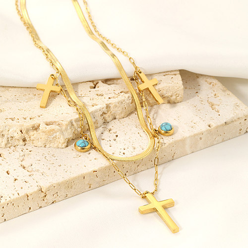 Estilo simples cruz brilhante chapeamento de aço inoxidável incrustação turquesa 18K banhado a ouro colares de camada dupla