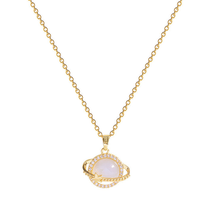 IG Style Novelty Planet Stainless Steel Plating Inlay Opal Zircon Gold Plated Pendant Necklace