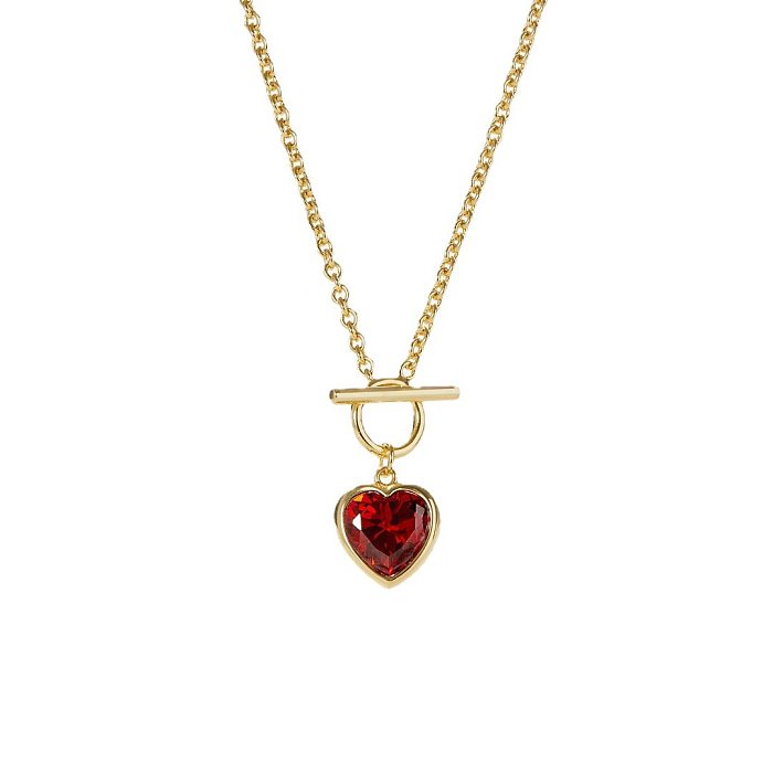 Simple Retro Dark Red Peach Heart Pendant Necklace Zircon Inlaid OT Buckle Necklace