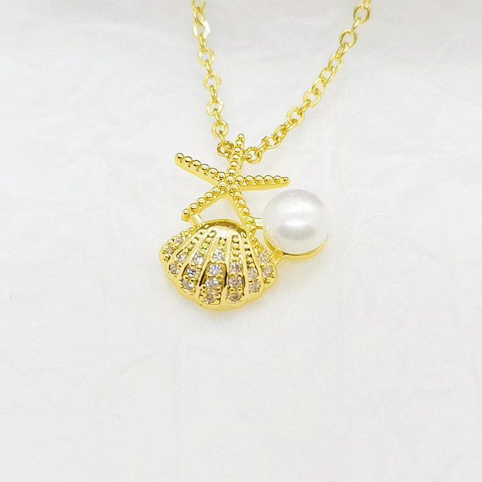 Collar con colgante de concha de diamantes de imitación de perlas artificiales con incrustaciones de acero inoxidable geométrico de estilo Simple