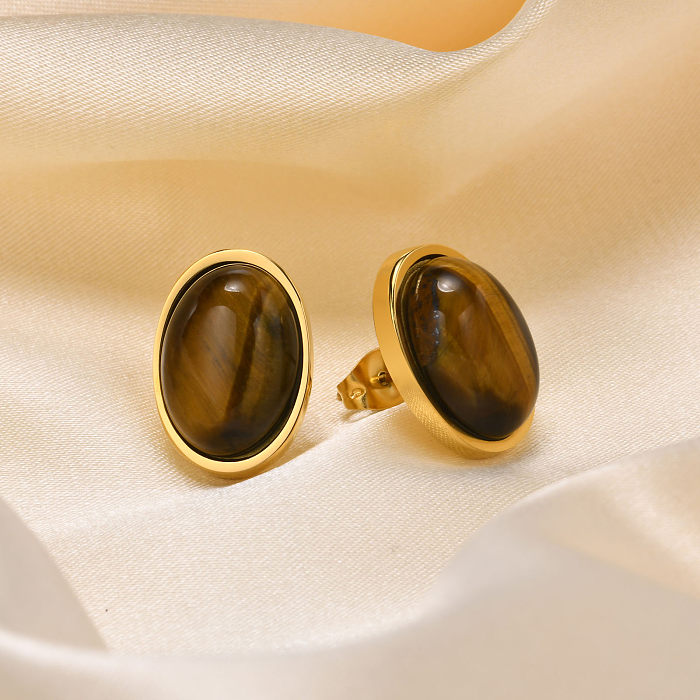 1 Pair Vintage Style Round Plating Inlay Stainless Steel  Tiger Eye Shell 18K Gold Plated Ear Studs