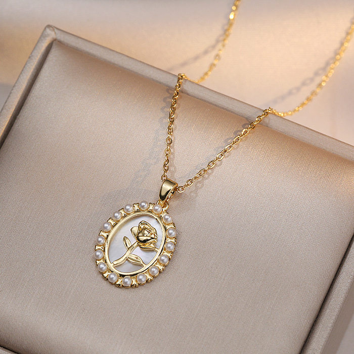 Elegant Streetwear Flower Stainless Steel Inlay Artificial Pearls Pendant Necklace