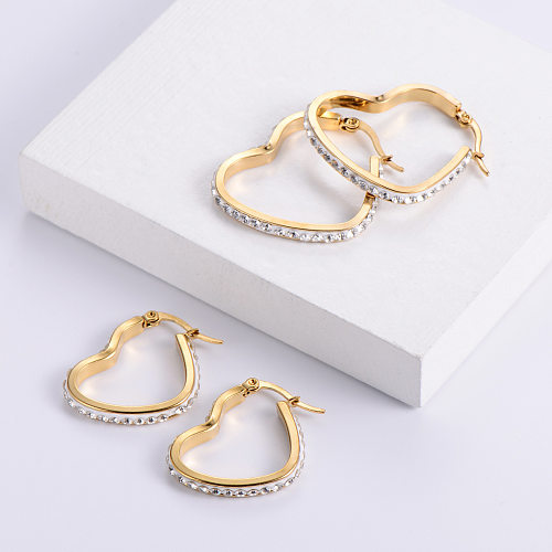 Fashion Heart Shape Stainless Steel Earrings Inlay Rhinestones Stainless Steel  Earrings