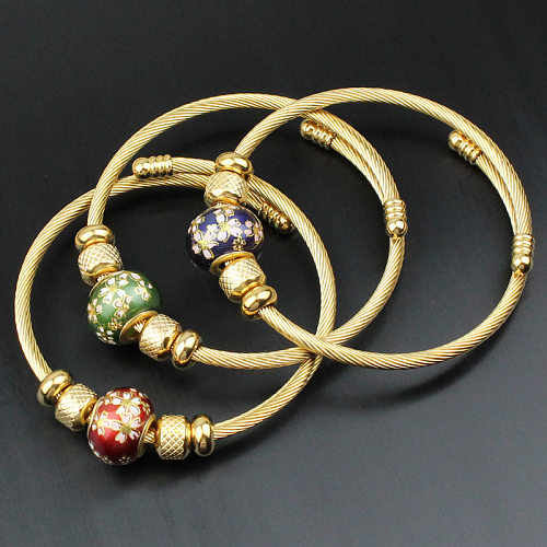 Ethnic Style Flower Stainless Steel Beaded Plating Cuff Bracelets