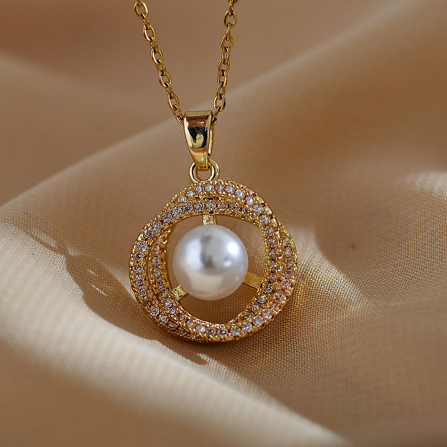 Casual Simple Style Round Stainless Steel Copper Inlay Pearl Zircon Pendant Necklace
