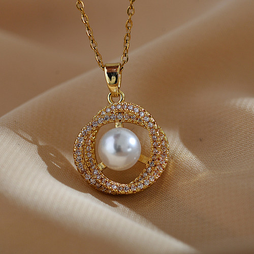Collier avec pendentif rond en acier inoxydable et cuivre, Style Simple et décontracté, avec incrustation de perles et de Zircon