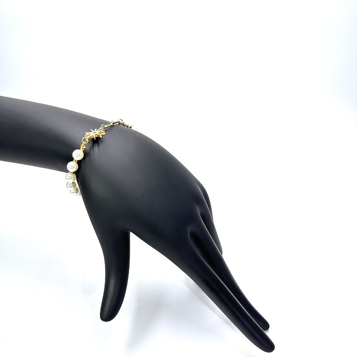 Cute Classic Style Flower Stainless Steel Imitation Pearl Bracelets In Bulk