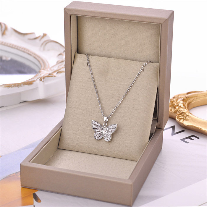 Fashion Butterfly Stainless Steel Inlay Zircon Pendant Necklace 1 Piece
