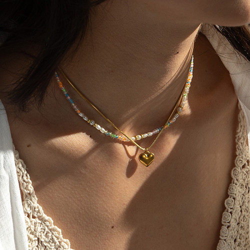 Barock-Stil, herzförmige, doppellagige Halsketten aus Edelstahl mit Perlenbeschichtung und 18-Karat-Vergoldung