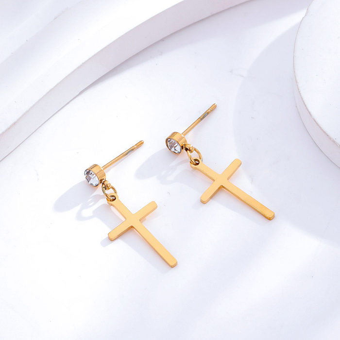 1 Paar einfache Kreuz-Ohrringe aus Edelstahl mit Strasssteinen und 24 Karat vergoldet