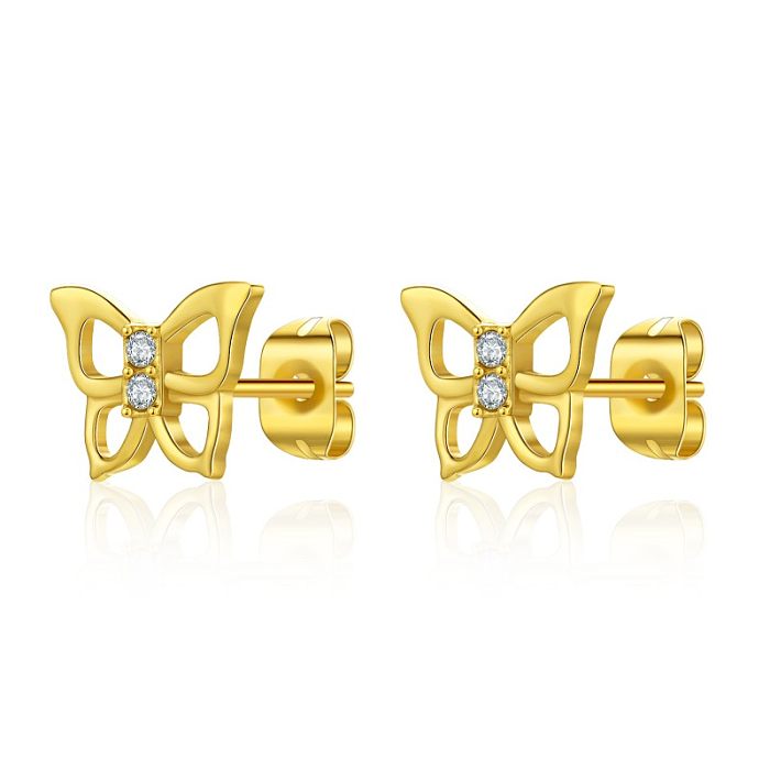 1 Pair IG Style Butterfly Plating Inlay Stainless Steel  Zircon Gold Plated Ear Studs