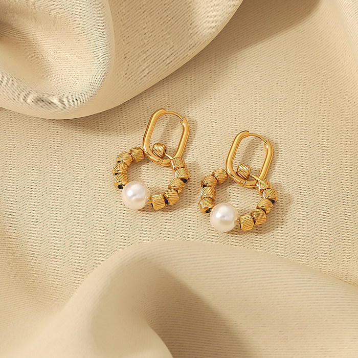1 paire de boucles d'oreilles en acier inoxydable, Style Vintage, Style classique, cercle rond plaqué, Imitation perle, plaqué or 18 carats
