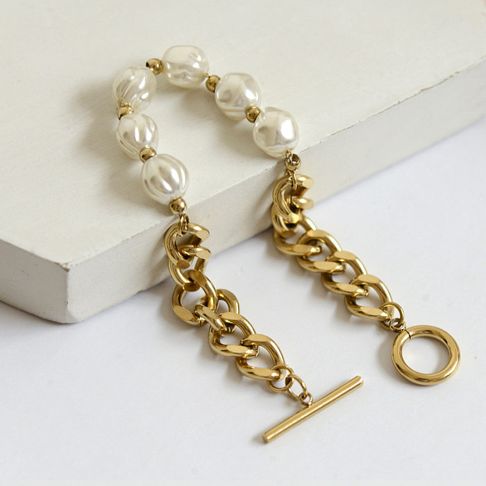 Baroque Style Round Titanium Steel Patchwork Pearl Bracelets 1 Piece