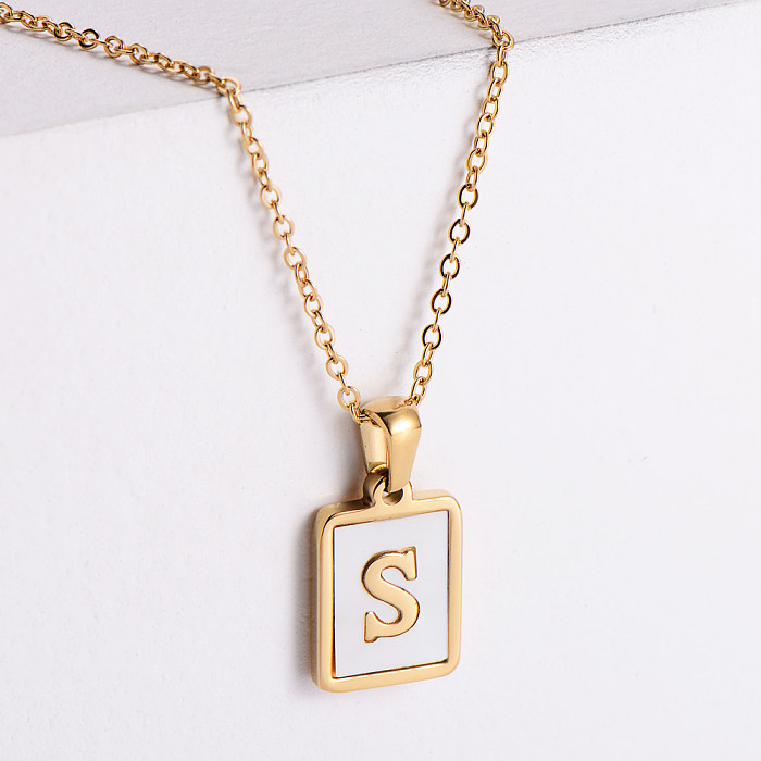 18k Gold Stainless Steel  Square Brand White Shell Letters Necklace