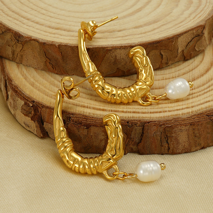 1 paire de boucles d'oreilles Style Vintage en forme de U, couleur unie, placage de perles, acier inoxydable, plaqué or 18 carats
