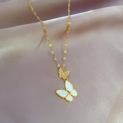 Fashion Butterfly Stainless Steel Copper Inlay Artificial Diamond Pendant Necklace